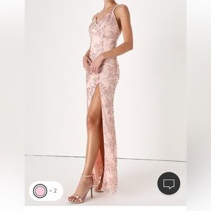 blush pink sequin backless maxi dress